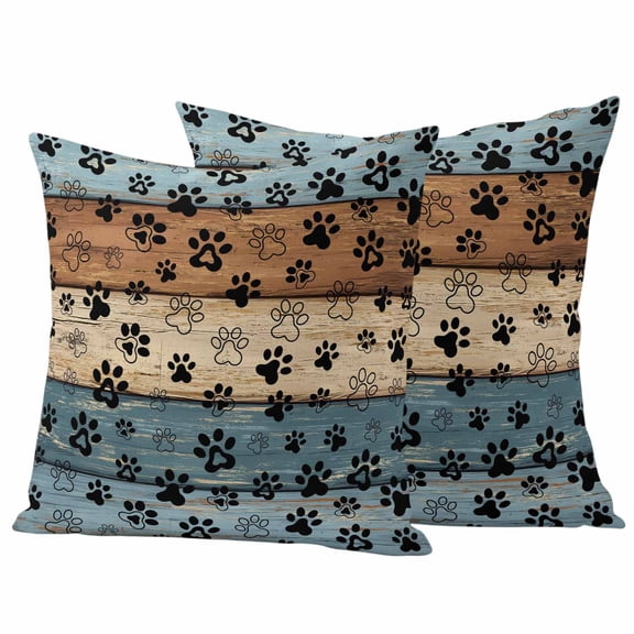 Blue Brown Outdoor Waterproof Pillow Covers, Rustic Farmhouse Dog Paw Vintage Decorative Square Throw Pillowcase Sofa Cushion Sham for Patio/Couch/Chair, 26"x26" 2 Pack