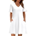 thumbnail image 3 of Summer Casual Dresses for Women A Line Sun Dress Ruffle Short Sleeve V Neck Tshirt Dress with Pockets White L, 3 of 6