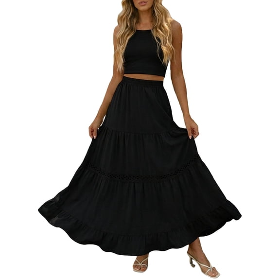 Boho Skirts for Women High Waist Flowy A Line Midi Casual Summer Skirt with Pockets Elastic Waistband Black L