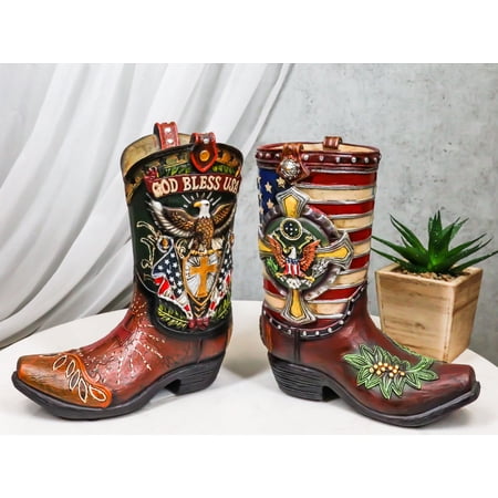 Set Of 2 Rustic Western Patriotic USA Flag Military Cowboy Boot Money Banks