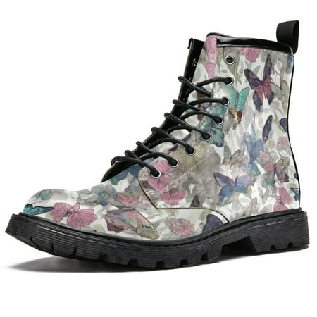 

Redveluv Colorful Butterflies with Flowers Printing Leather High Top Shoes Fashion Lace-up Combat Boots Ankle Booties for Women 9.5