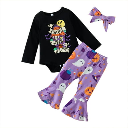 

Yoryorlue Infant Girls Halloween Long Sleeve Romper Bodysuits Cartoon Prints Flare Pants Headbands Newborn Outfits