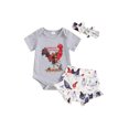 thumbnail image 2 of Aojekbee Baby Girl Farm Clothes Set Short Sleeve Romper with Hen Print Ruffled Shorts and Headband, 2 of 10