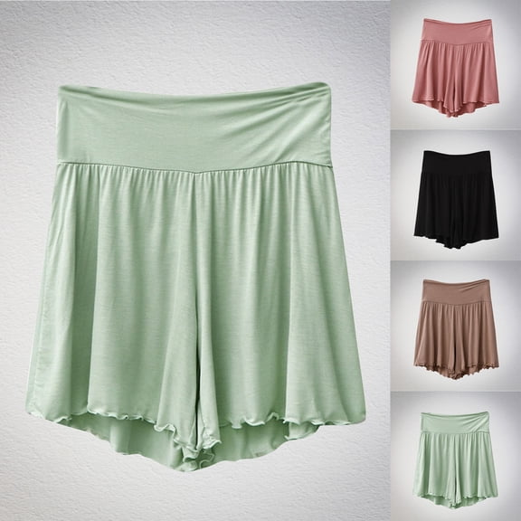 UVEASISHA Women's Pajama Shorts High Waisted Ruffled Hem Modal Shorts Wide Leg Breathable Tummy Control Lounge Yoga Shorts Green XL