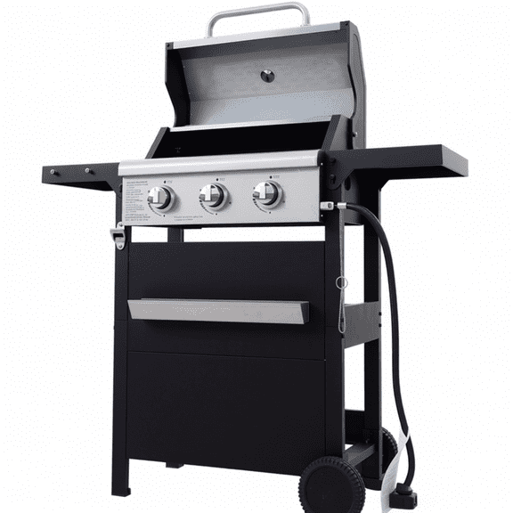 3-Burner Bbq Propane Gas Grill, Stainless Steel, with Lid, Side Shelves & Storage Cabinet, for Camping & Outdoor Cooking