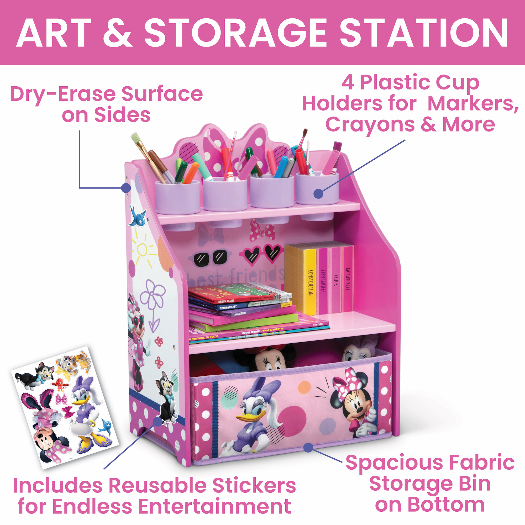 Minnie Mouse 3-Piece Art & Play Toddler Room-in-a-Box by Delta Children – Includes Draw & Play Desk, Art & Storage Station & Fabric Toy Box, Pink - image 5 of 11