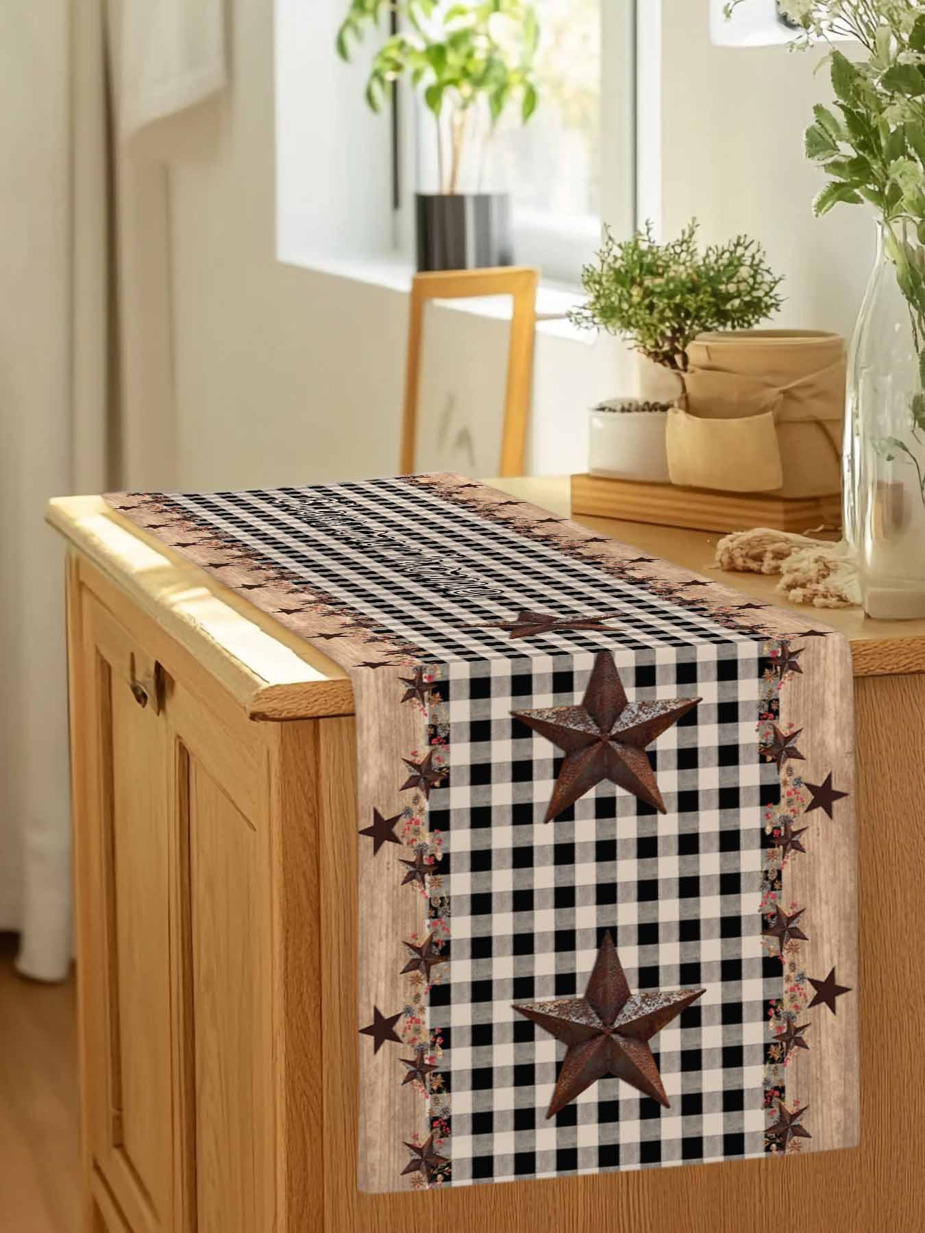 Independence Day Western Star on Wood Table Runner 90 Inches Long, Black Plaid Table Runners Tabletop Scarf Kitchen Dining Tables Decoration for Home Party Indoor Outdoor
