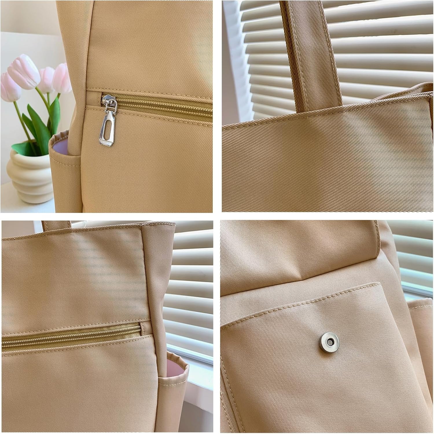 Women Multi Pockets Zipper Waterproof Lightweight Tote Bag Casual Large Shoulder Handbags Cute Canvas College Totes