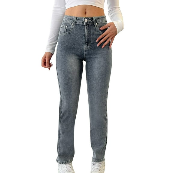 Felirenzacia Women Slim Straight Jeans, Full Length Denim Pants, Classic Blue Gray Jeans