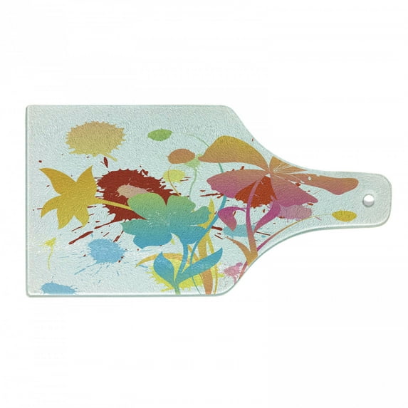 Colorful Cutting Board, Hawaiian Beach Party Theme with Lively Flowers Abstract Summertime Composition, Tempered Glass Cutting and Serving Board, Wine Bottle Shape, Multicolor, by Ambesonne