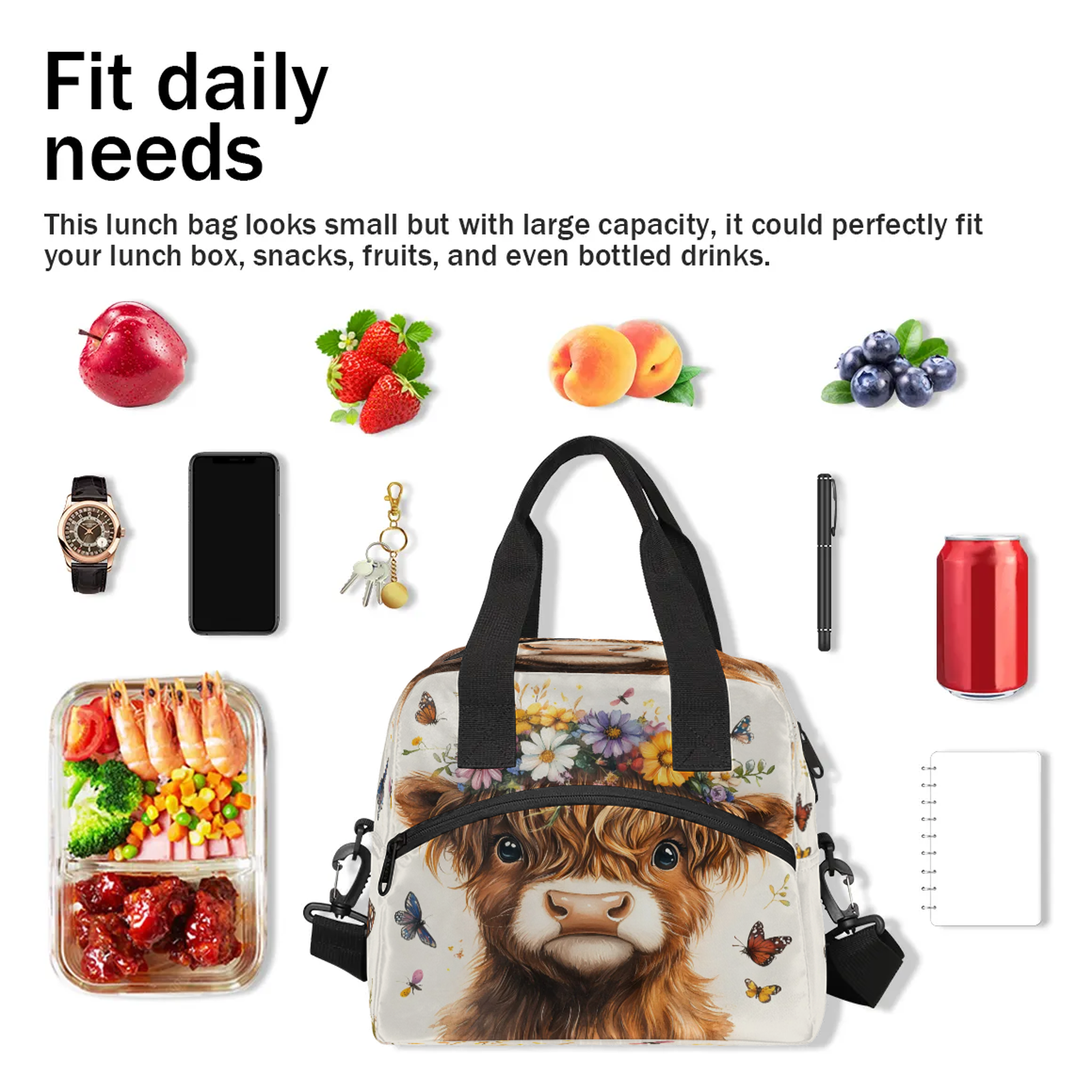 Herdesigns Highland Cow Lunch Bag for Women Men Adult, Funny Large Insulated Reusable Lunch Box Leakproof Portable Cooler Tote Bags for Work Picnic Beach