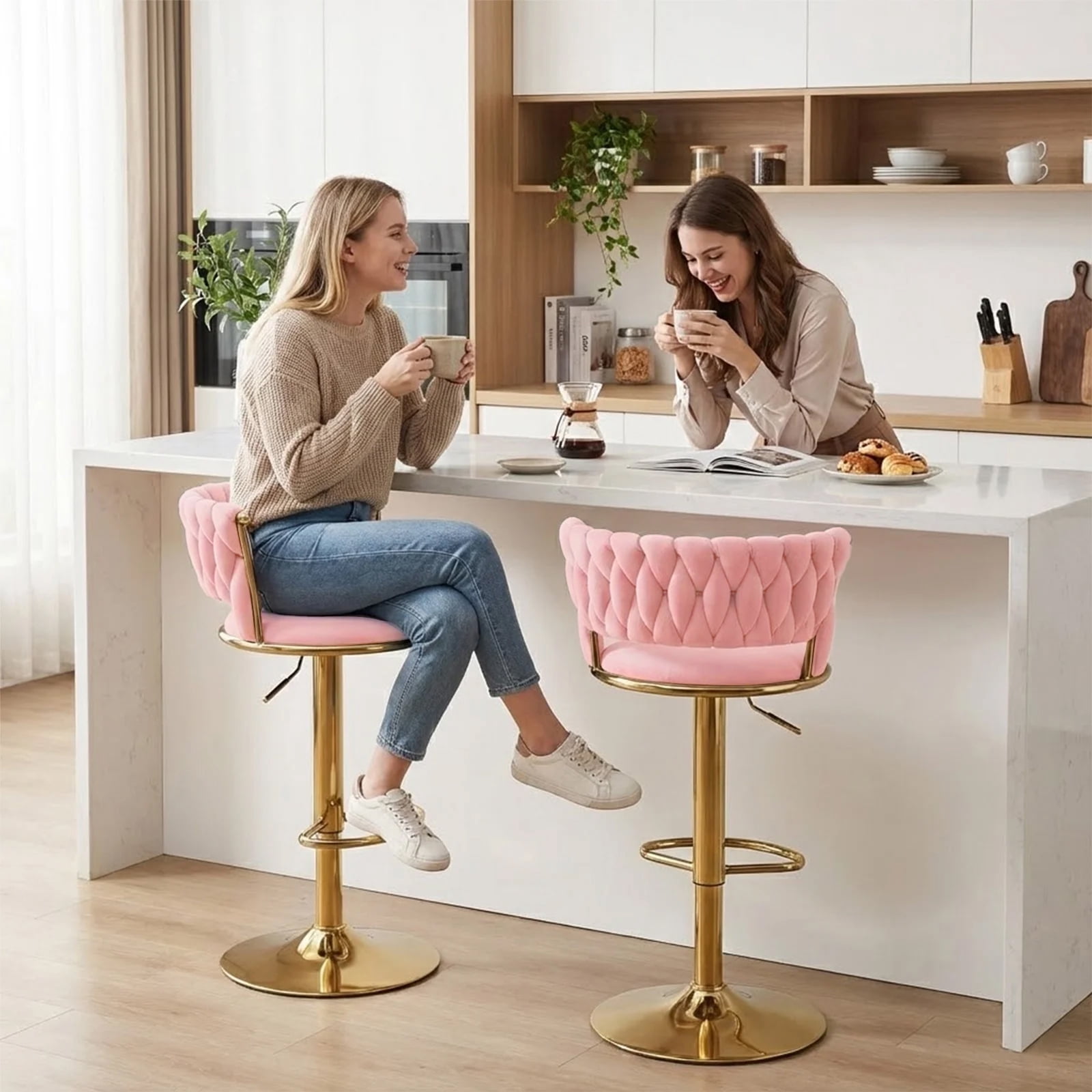 Swivel Velvet Bar Stools Set of 2, Adjustable Height Barstools with Woven Back and Footrest for Kitchen Island, Dining Room, Pink