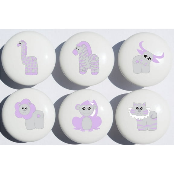 Purple Safari Drawer Pulls / Jungle Animals Ceramic Cabinet Knobs / Nursery Decor set of 6