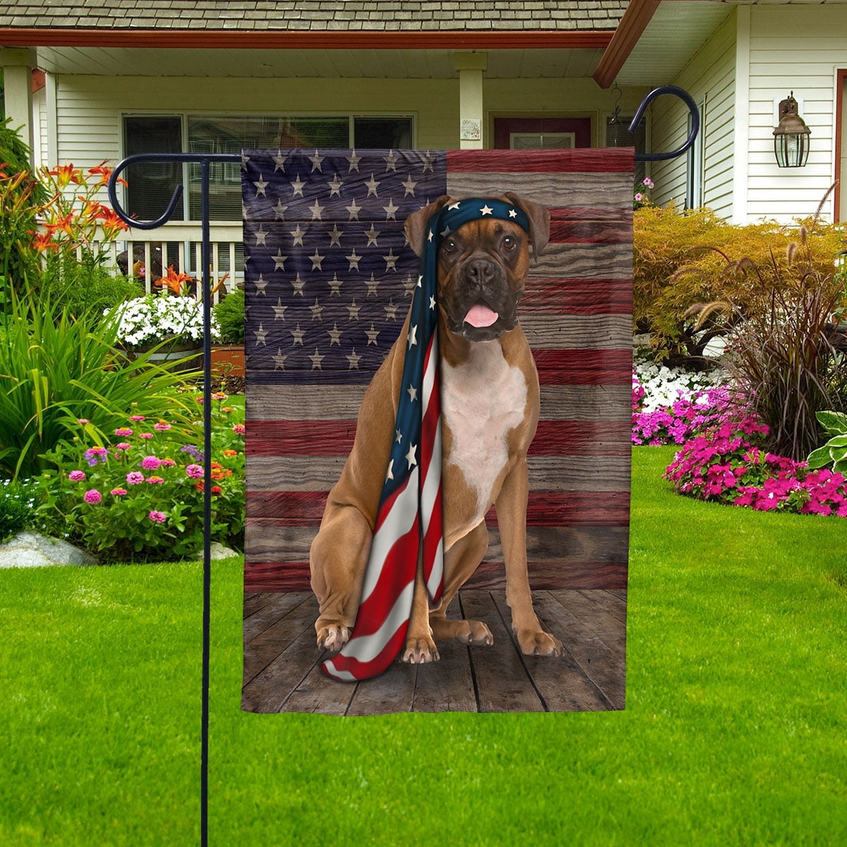 American Flag Boxer Dog Proud Patriotic 4th of july House Flag (29.5x39.5) Double Sided USA Flags Premium Polyester Decorative Indoor Outdoor Flag