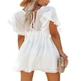 thumbnail image 4 of Bouton Femmes vers le Bas V Cou Volant Mini Robe Décontracté Cordon de Taille Robe Courte de Plage avec Poche, 4 of 6