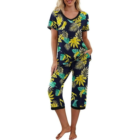 

Women 2 Piece Pajamas Set Floral Short Sleeve Tops and Capri Pants
