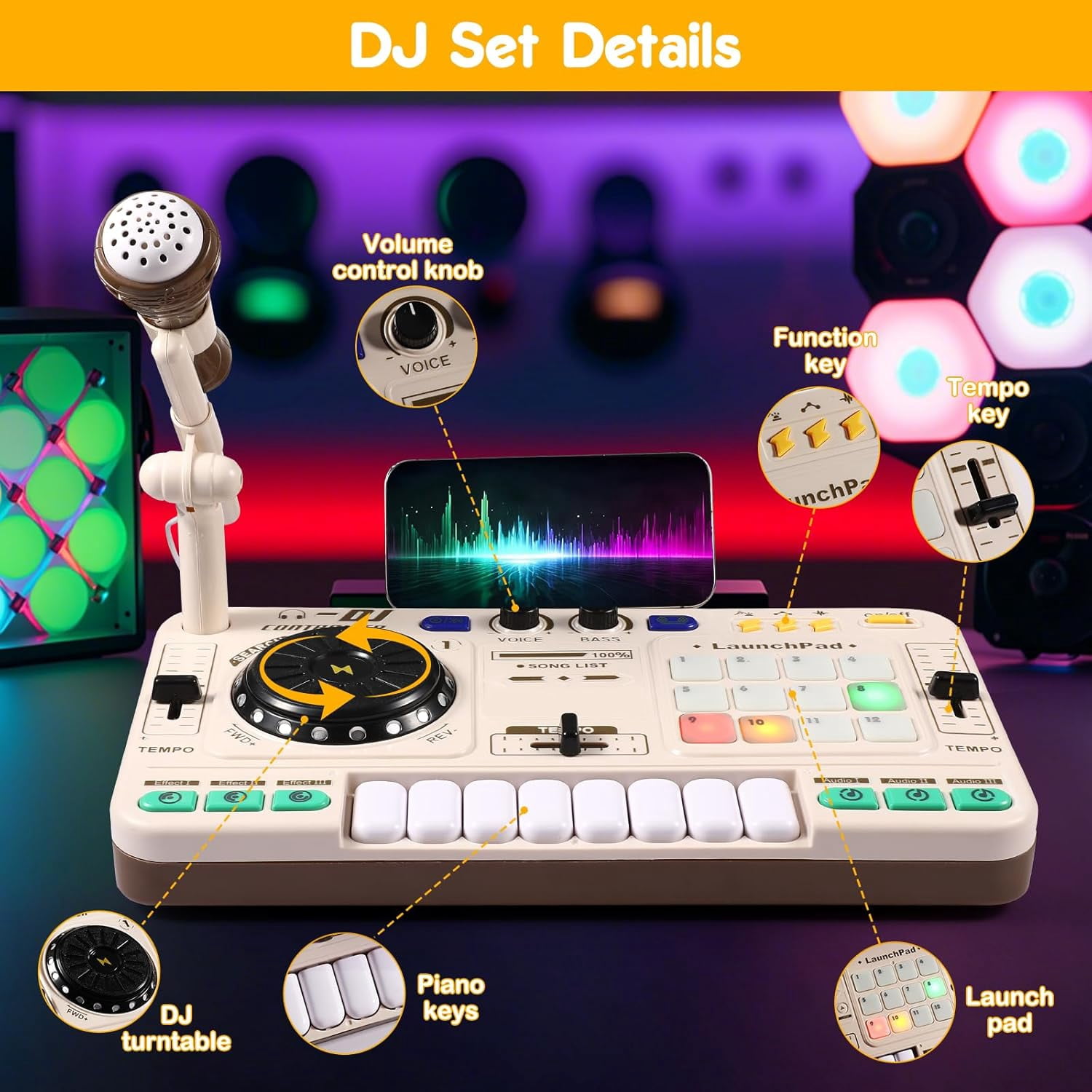 Caunedy DJ Toy Set for Kids, Toddler Musical DJ Mixer Toys with Lights Sounds & Bluetooth-enabled, Multi-functional Musical Instrument, Best Gift for Ages 4+
