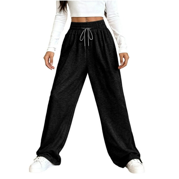 AHTJRT Women's Drawstring Sweatpants Elastic High Waisted Wide Leg Baggy Pants Soft Comfy Casual Slacks Joggers Sweatpants Black L