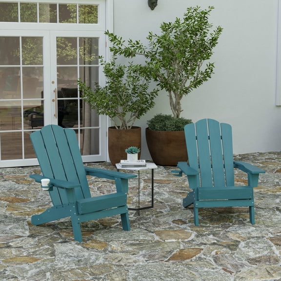 Merrick Lane Adirondack Chair with Cup Holder, Weather Resistant HDPE Adirondack Chair in Blue, Set of 2