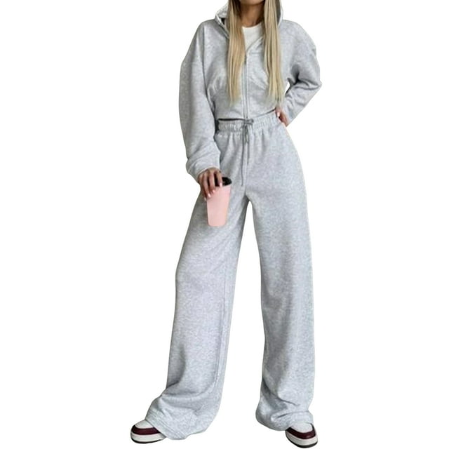 Women'S Tracksuit Set - Long Sleeve Zipper Hooded Sweatshirt with Solid Color Lace-Up Pants - Two-Piece Set Light Gray S