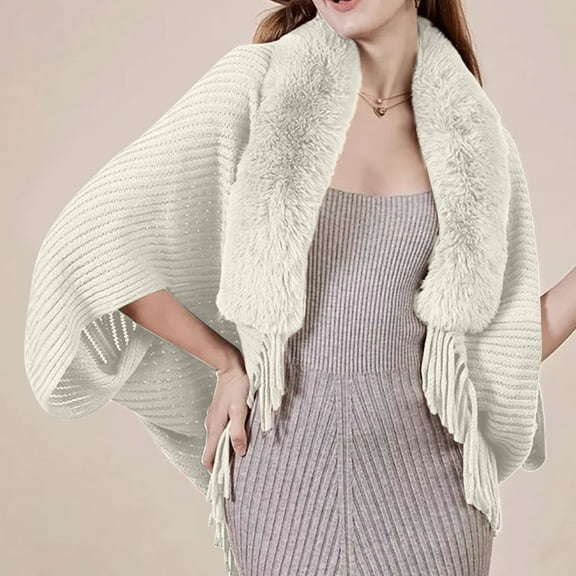 Qulqfy Faux Fur Bolero Shrug for Women Fringe Knitting Cotton Beige Batwing Cardigan Women Tops with Tassels