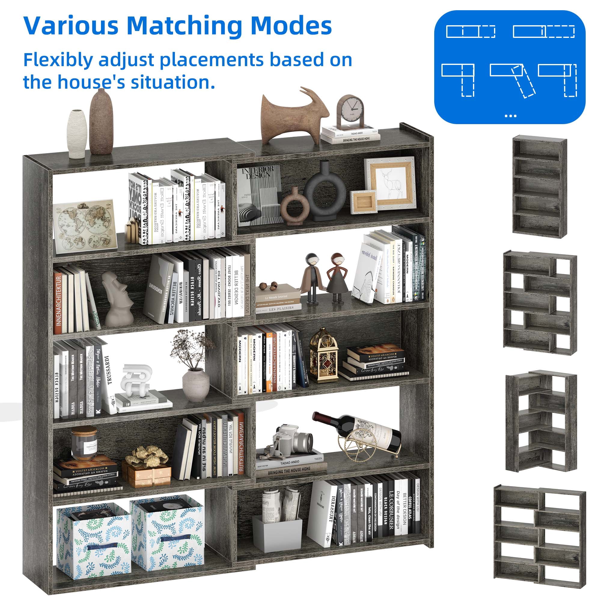 Dextrus 5 Tiers Bookcase with Baffles, Industrial Large Etagere Corner Bookshelf, Display Rack, Gray