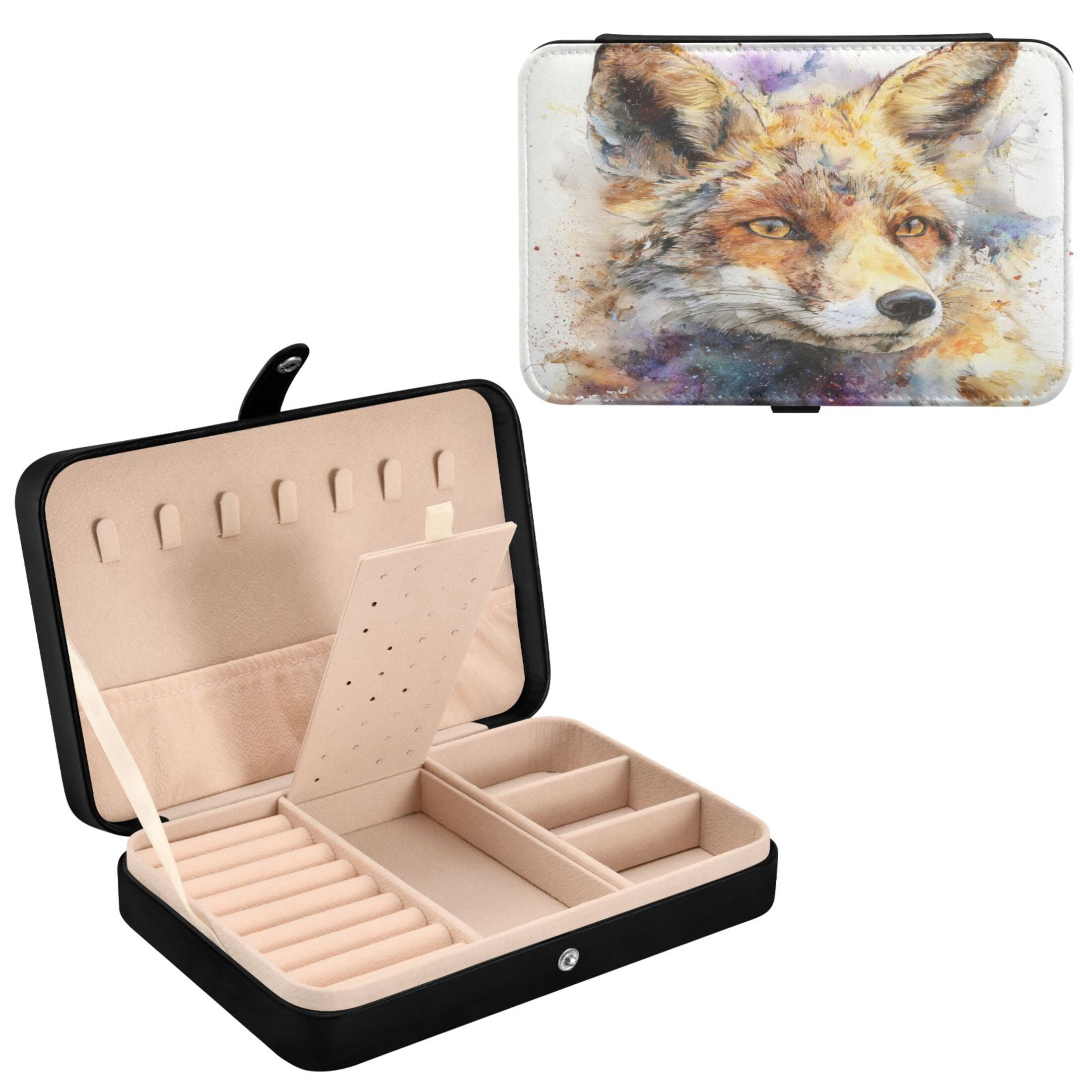 Leather Jewelry Box Rectangular 8.27x5.5x1.78In Travel Jewelry Storage Earrings Necklace Bracelet Watch Brooch Storage Watercolor Fox