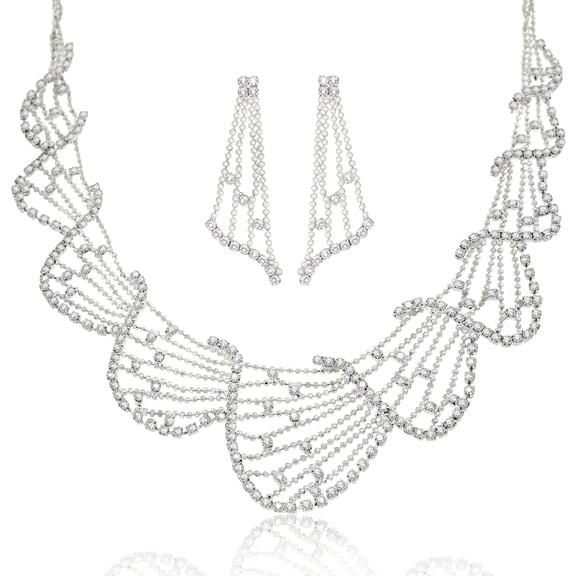 Elegant Crystal Wave Choker Necklace and Dangle Earring Set - Adjustable Bridal Jewelry Necklace Earring