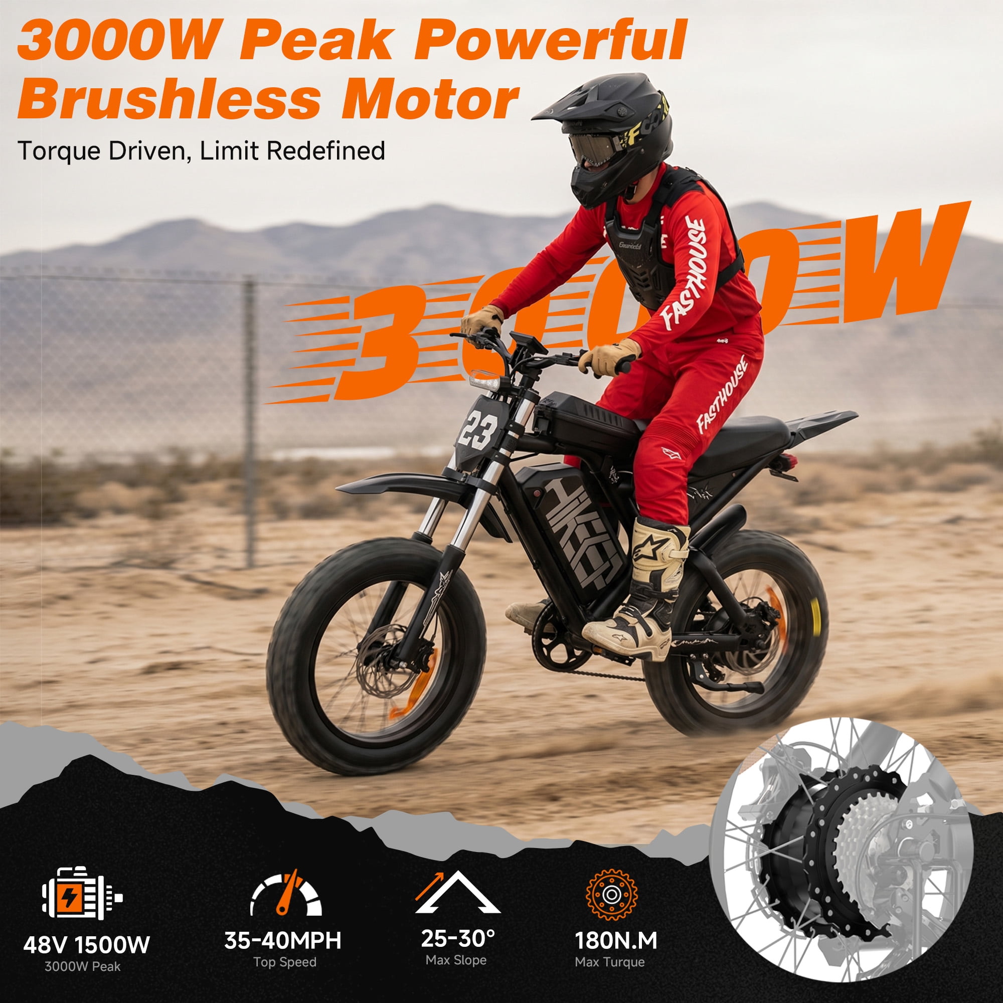 HiKeep Electric Mountain Bike for Adults, 1500W 3000W Peak Dirt E-Bike, 20" Fat Tire, 52V 40Ah Battery, 40 mph, UL2849