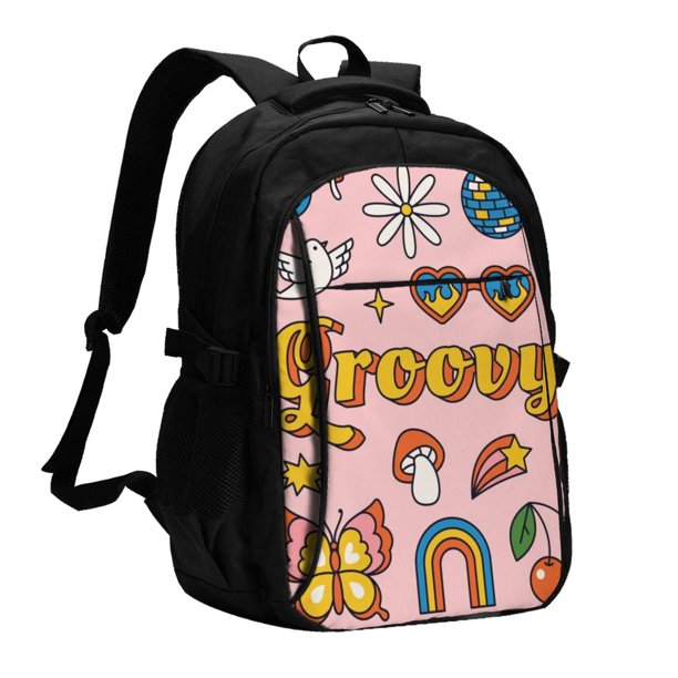 Fotbe Retro 70s Hippie Mochila con Estampado y Puerto USB para Hombre y Mujer, Mochila Antirrobo, Mochila de Viaje, Mochila Escolar, Mochila Universitaria