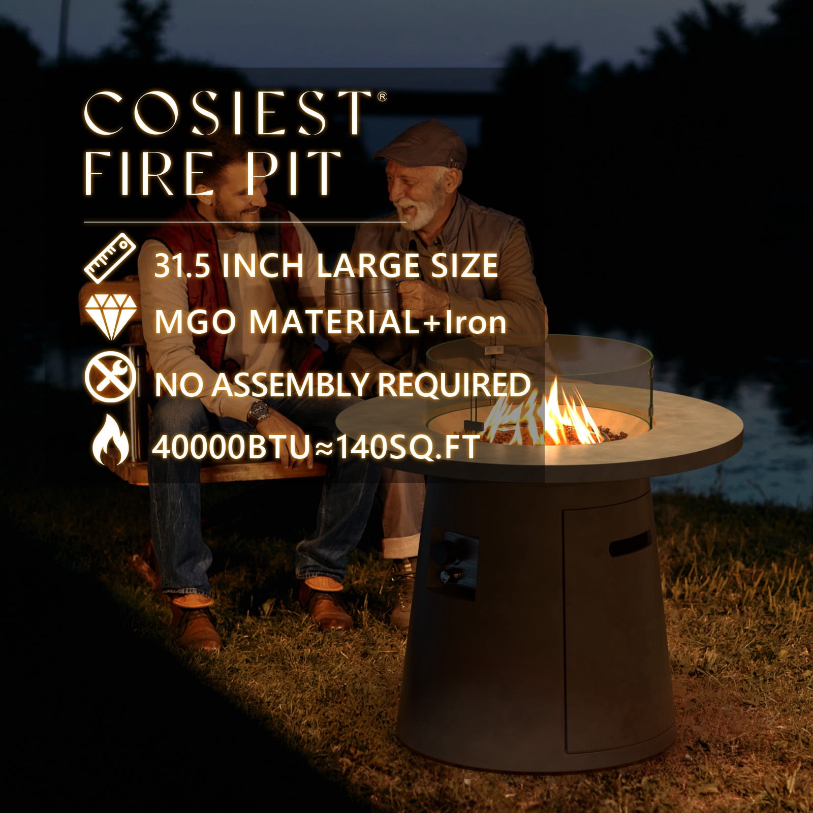VENTOPYR 31.5-Inch Round Propane Fire Pit, Magnesium Oxide Table, 40,000 BTU Burner, Lava Rocks Included
