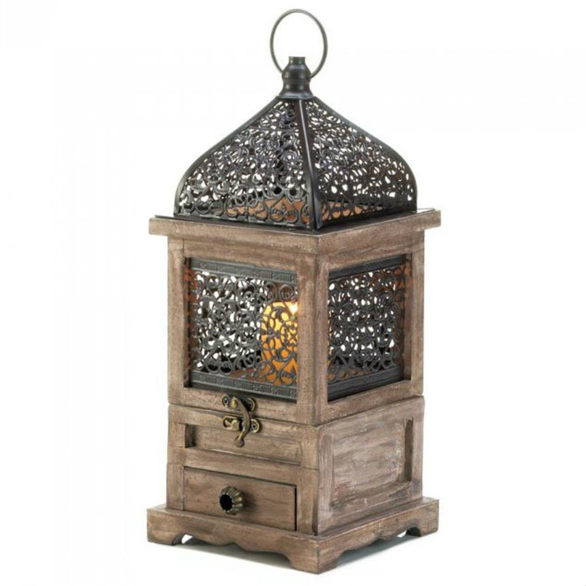 14-Inch Wooden Lantern with Metal Top Grey 