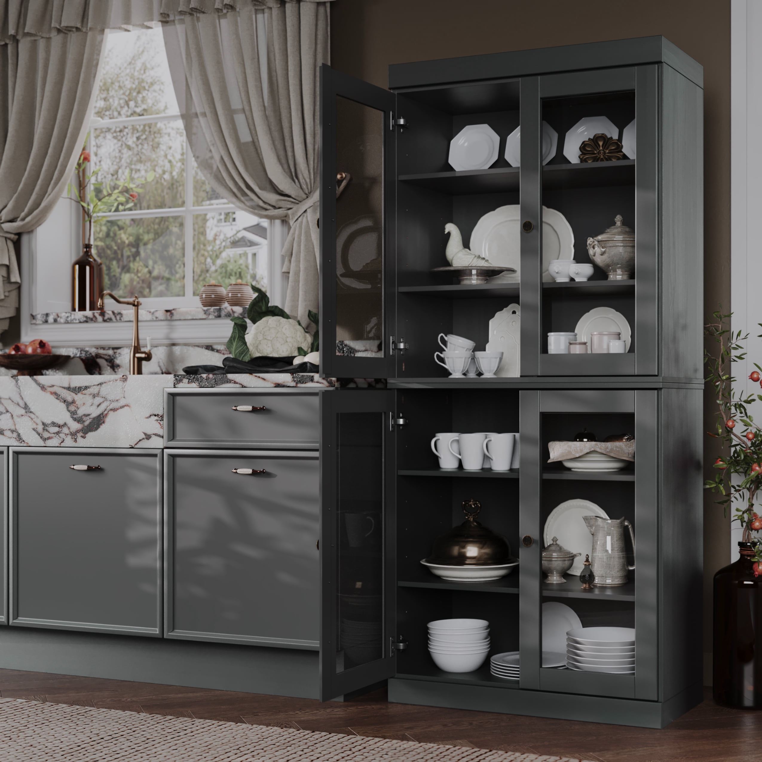 Palace Imports 100% Solid Wood Kitchen Pantry Storage Cabinet with Glass Doors and Adjustable Shelves, Gray