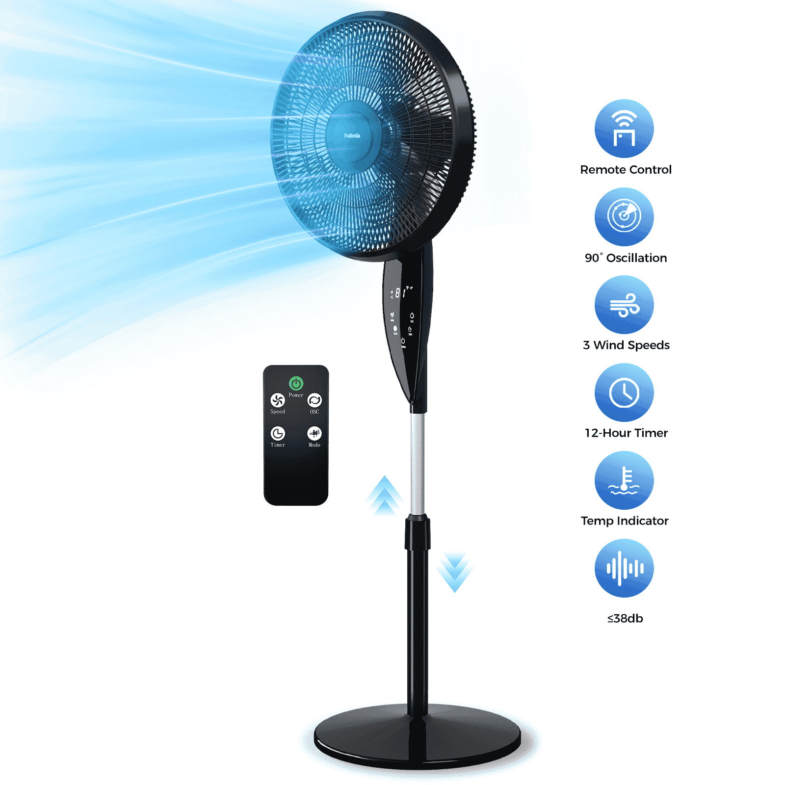 16" Oscillating Pedestal Fan with Remote, Ultra-High 3-Speed,3-Mode Standing Floor Fan with Height Adjustment ,12H Timer, 90° Oscillating Quiet Cooling Fan, for Bedroom Home Office
