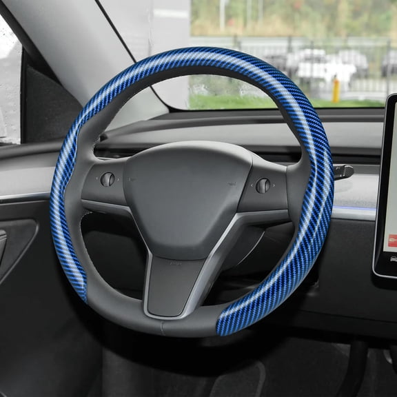 Leather Steering Wheel Cover, Universal 15 Inch Premium Non-Slip Steering Wheel Cover Blue Carbon Fiber Texture