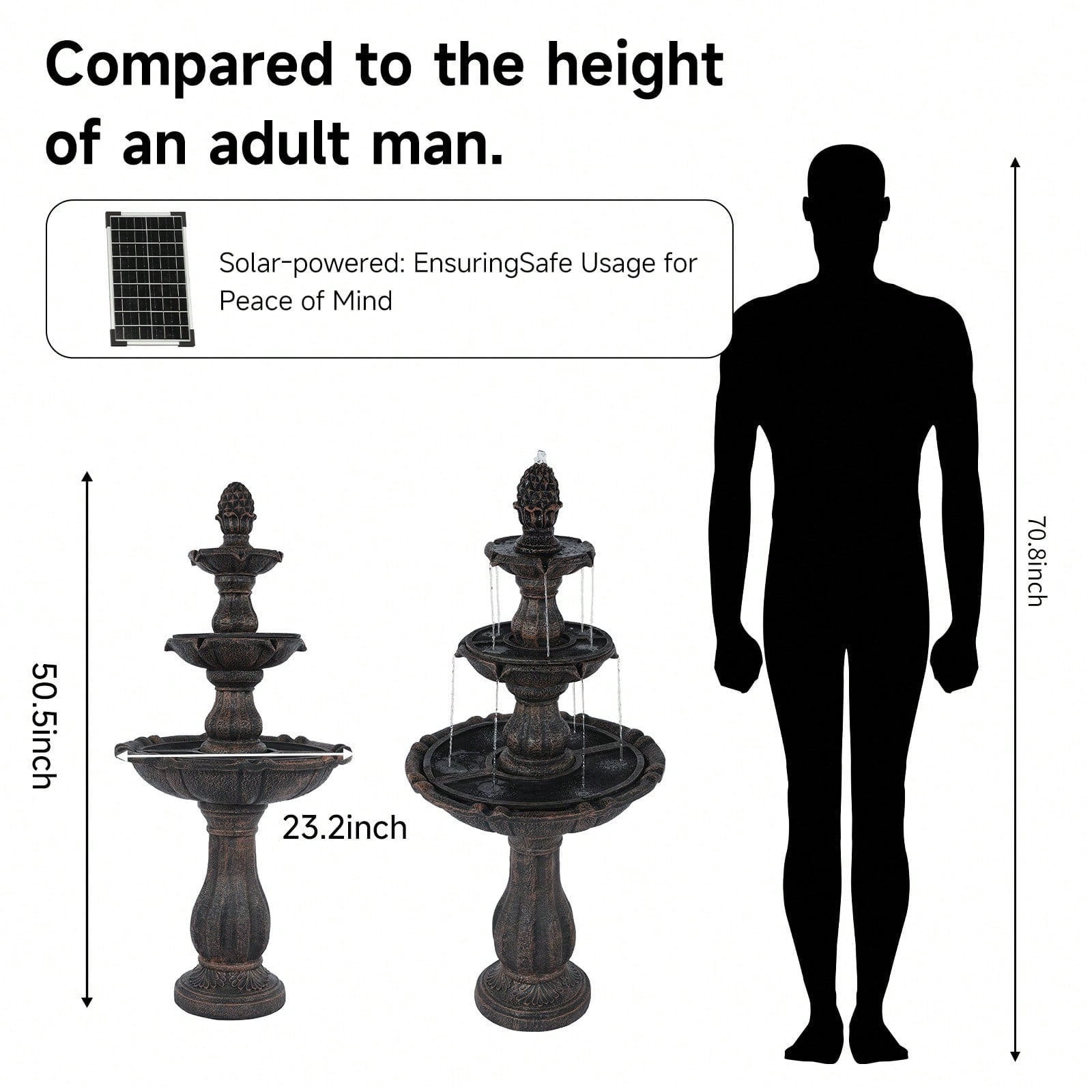 50.5 Inch 3-Tier Solar Outdoor Water Fountain, Pineapple Top Pedestal Waterfall with Warm LED Lights, Weather UV Resistant Resin, Low Noise Energy Saving, for for Yard Patio Home Decor