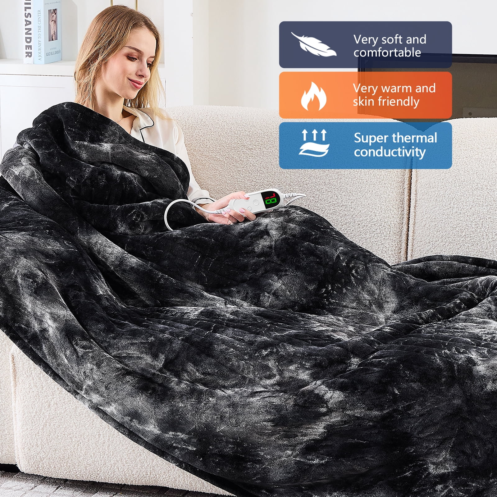 PMONPA Electric Heated Blanket, 51"x61" Heating Blanket for Adult, Soft Flannel & Sherpa, 10 Heating Levels & 1-8 Hours Auto off, Black