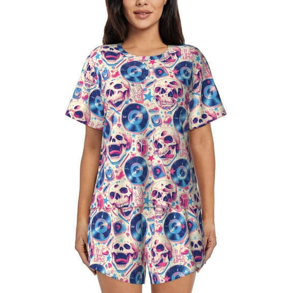 Logiee blue record rock Skull Print Womens Pajamas Set,Short-Sleeve Pajama 2 Piece Sleepwear with Pockets-Small