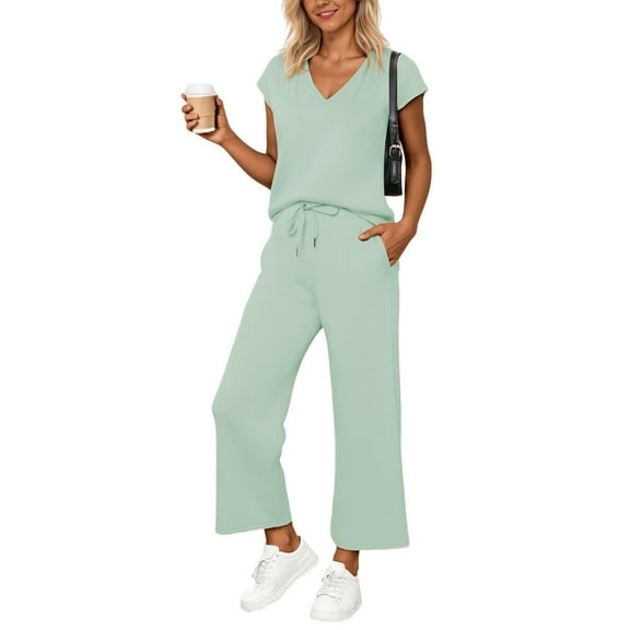 Two Piece Sets For Women Summer Outfits Sets V Neck Tops Wide Leg Pants Woman Travel Outfits