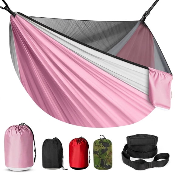 Pink & White Small Portable Camping Hammock with Mosquito Net for Indoor Outdoor Travel