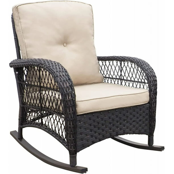 Outdoor Wicker Rocking Chair, Patio Rattan Rocker Chair with Cushions