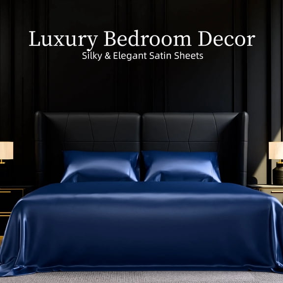 Satin Bed Sheets, Full Size Sheets Set, 4 Pcs Silky Bedding Set with 15 Inches Deep Pocket for Mattress (Full, Navy Blue)