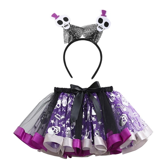 LILIYA Halloween Tutu Skirt with Bow, Print Dance Skirt for Girls, Party Outfit with Hairband Set