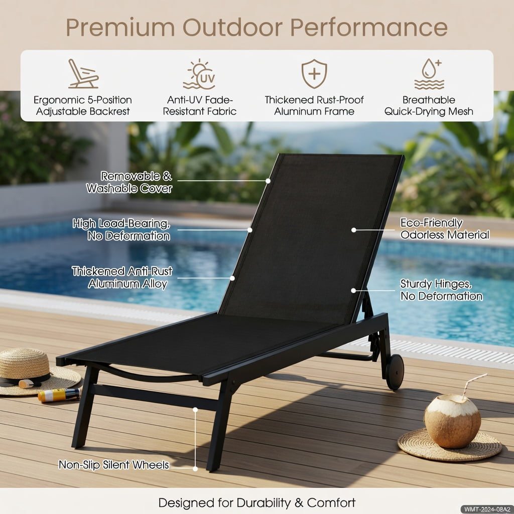 Hommoo Adjustable Patio Chaise Lounge Chair with 6-Position Backrest, Smooth-Rolling Wheels & Breathable Fabric, Metal Outdoor Recliner for Poolside, Deck & Backyard, Black