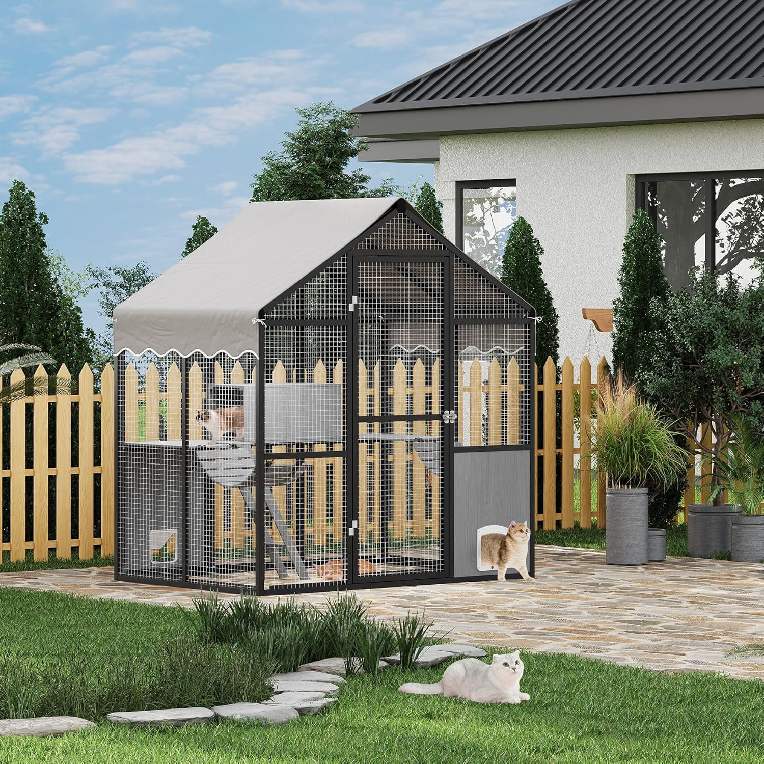 Large Outdoor Cat Enclosure,Aluminum Walk-In Wooden Outside Cattery Cat Run  with Weatherproof Roof with Channels, Side Door, UV Proof Cover, Idea for Multiple Cats