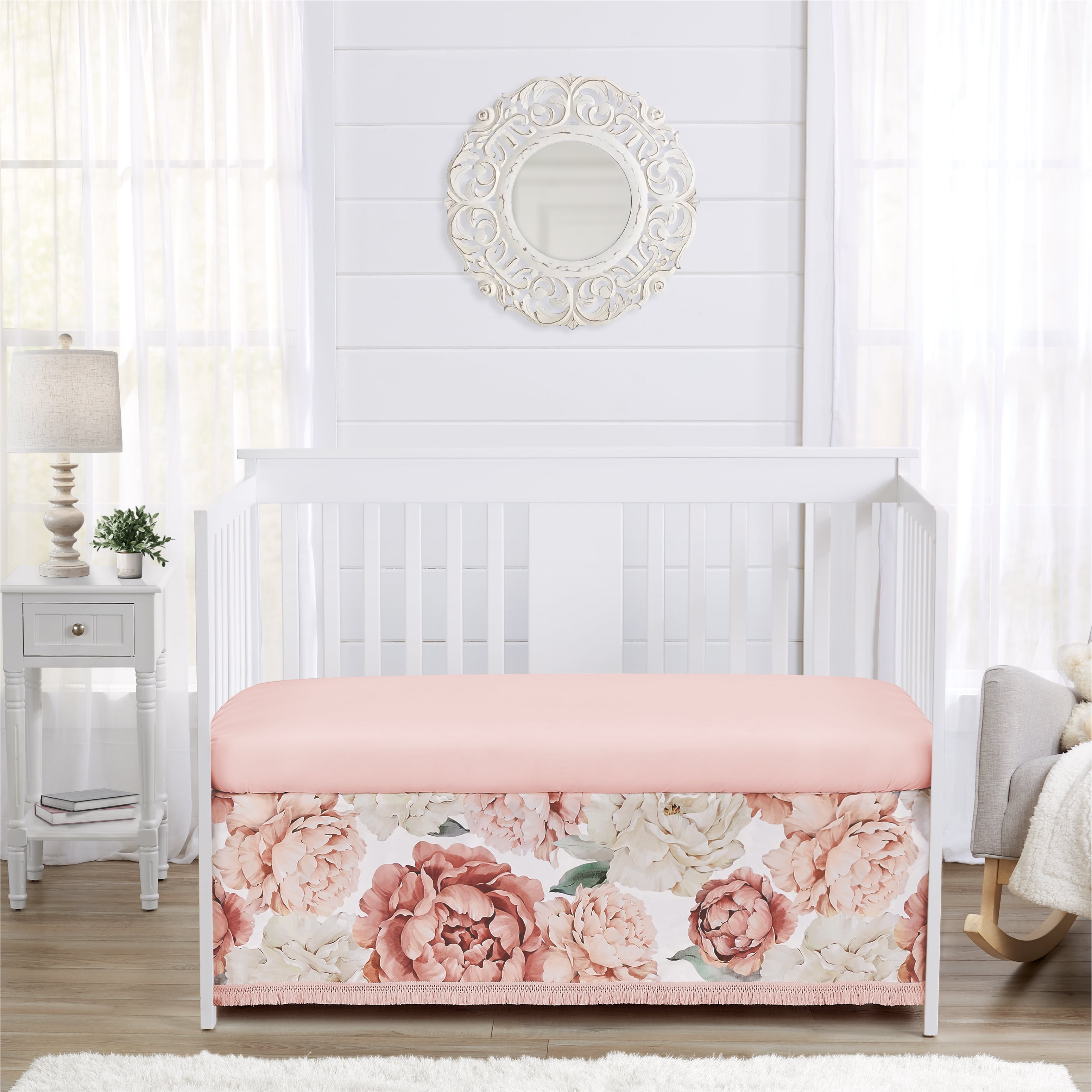 Peony Floral Garden Pink and Ivory Dust Ruffle Crib - Fringe Skirt Girl by Sweet Jojo Designs