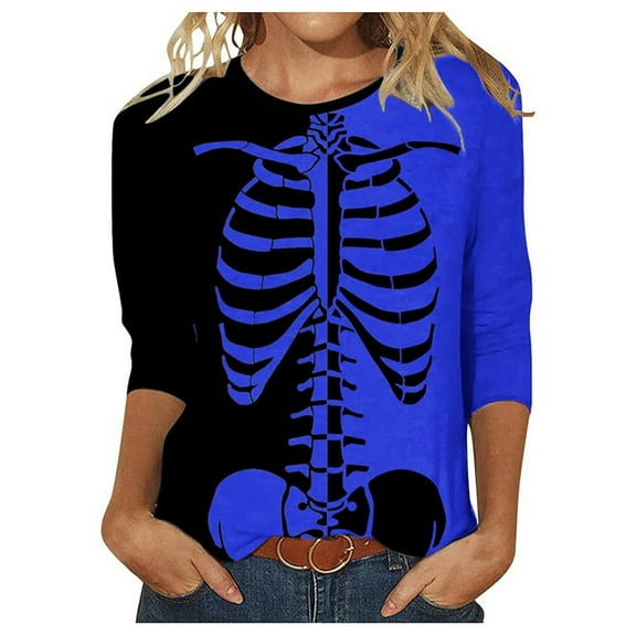 Halloween Tee for Women Crewneck Funny Skeleton Rib Cage Graphic T Shirts Long Sleeve Spooky Season Pullover Tops