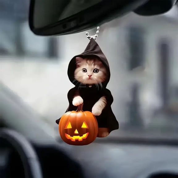 Sunshinehomely Cat Halloween Ornaments, Halloween Pumpkin Cat Decor, Cat and Pumpkin Halloween Decoration, Car Hanging Cat Pendant, Halloween Hanging Cat Ornaments for Home Party Decor