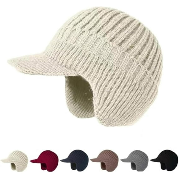 Winter Cozy Head Beanie Hats with Brim and Ear Flaps for Women Men,Outdoor Warm Fleece Lined Knit Hat Stocking Caps