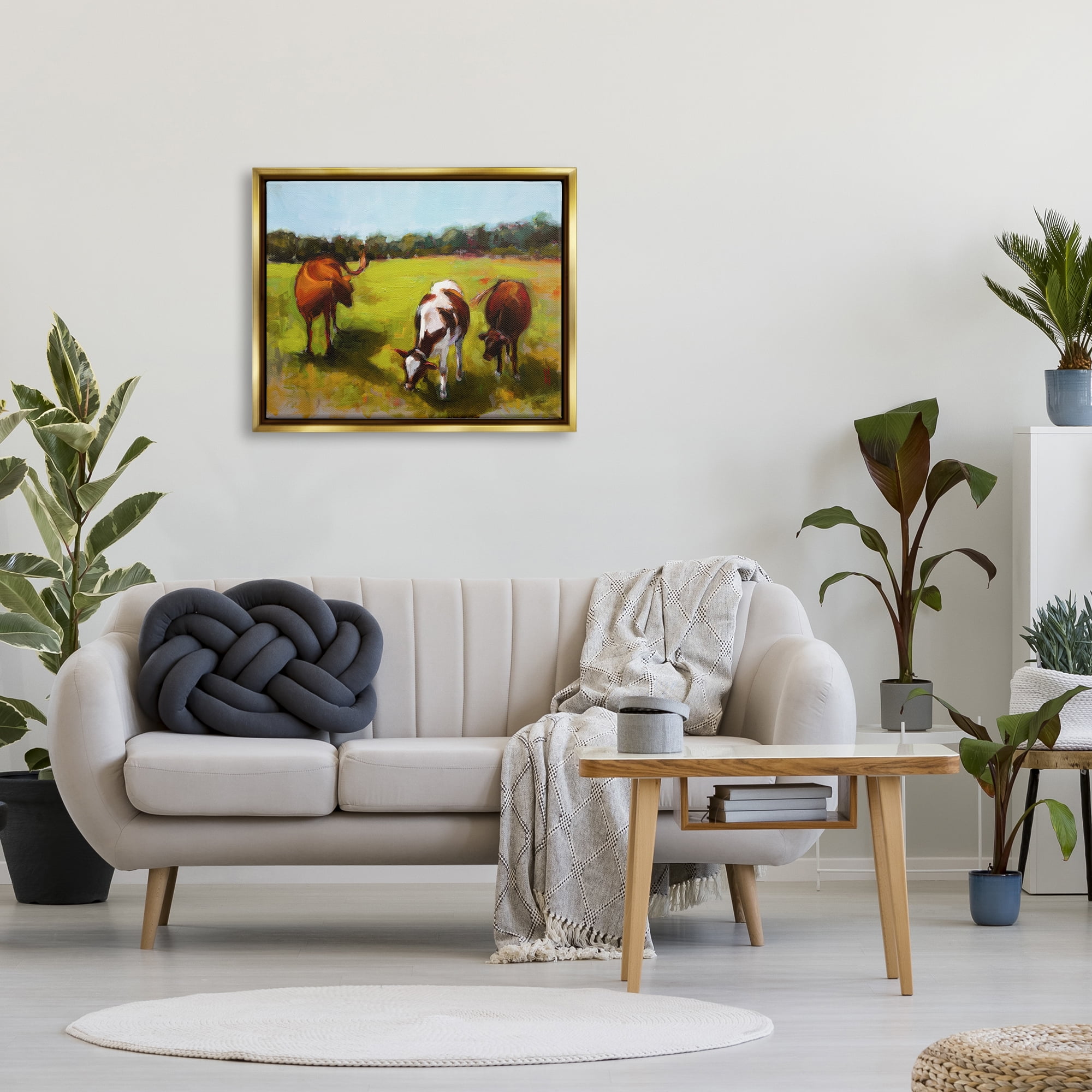 Stupell Industries Cattle in Countryside Painting Animals & Insects Painting Gold Floater Framed Art Print Wall Art, 31 x 25